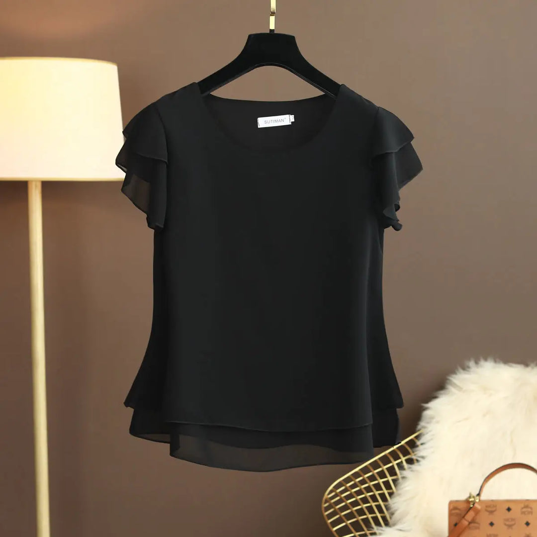 Heidi-Mode | Chiffon Bluse mit O-Ausschnitt und Kurzen Ärmeln