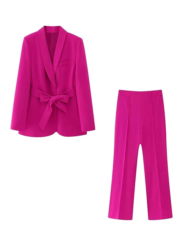 Heidi-Mode | Damen Legere Blaue Jacke Schicker Oberbekleidung Elegante Flared Hosen Lange Ärmel V-Ausschnitt Gürtel Büro Pendler Anzug Set