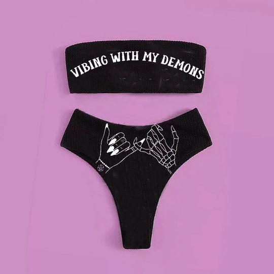 Heidi-Mode | Sexy Goth Bikini Frauen Buchstaben Totenkopf Druck Badeanzug Split Badeanzug Hohe Taille Gotische Bikini Set Strandoutfits