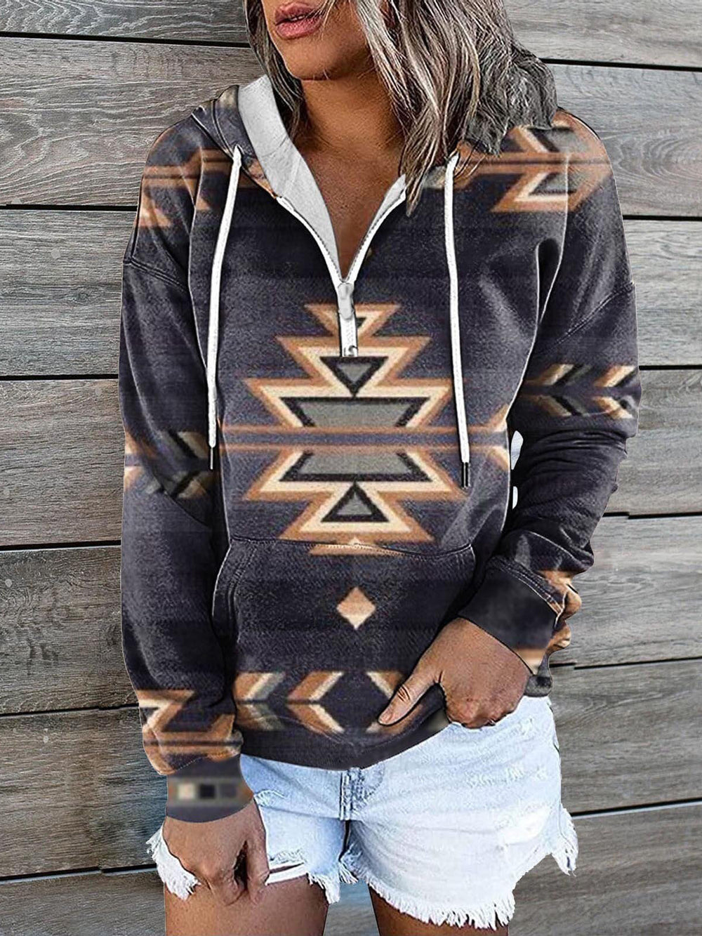 Heidi-Mode | Frauen Sweatshirts Vintage Druck Reißverschluss Tasche Bequemer Hoodie