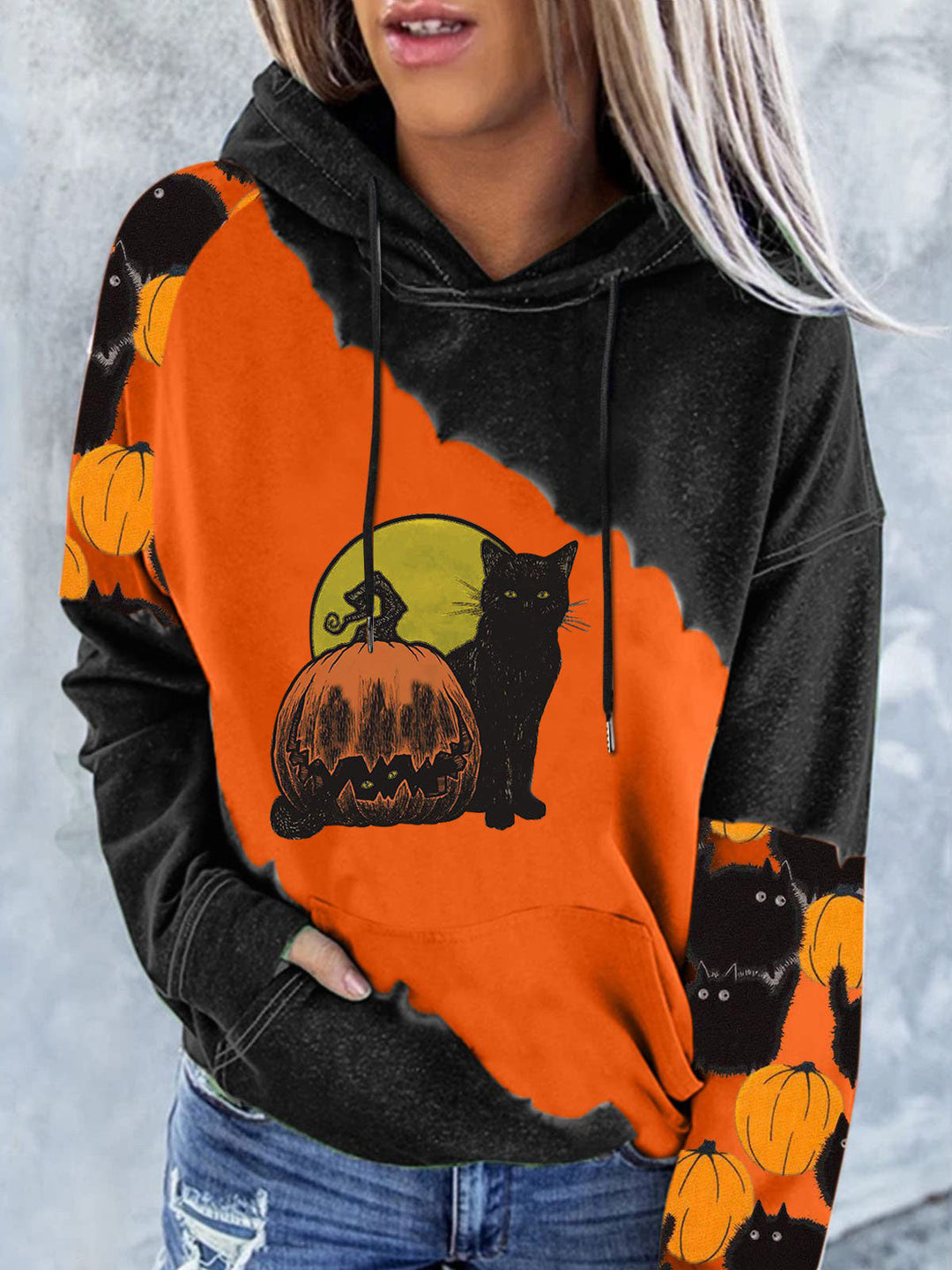 Heidi-Mode | Damen Hoodies Kürbis Katze Druck Tasche Langarm Kapuzenpullover