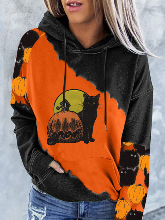 Heidi-Mode | Damen Hoodies Kürbis Katze Druck Tasche Langarm Kapuzenpullover