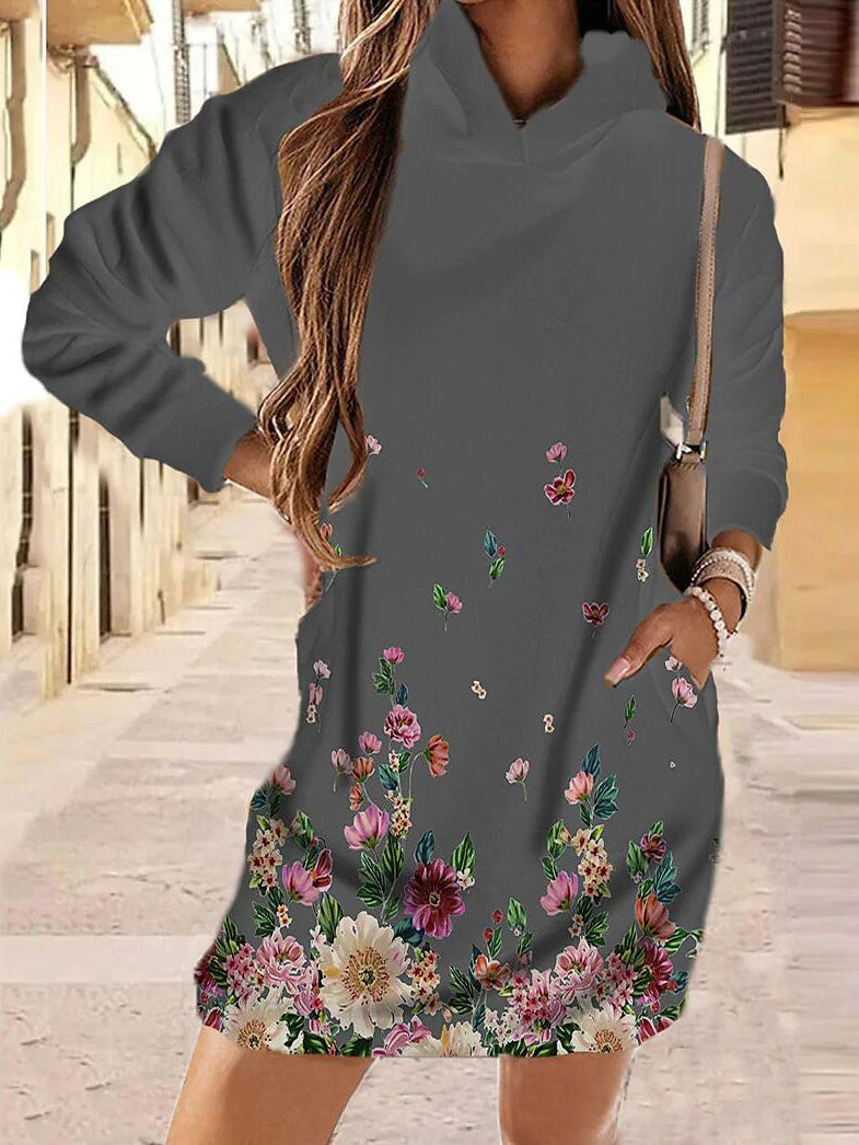 Heidi-Mode | Damen Kleider Blumendruck Tasche Langarm Hoodie Kleid