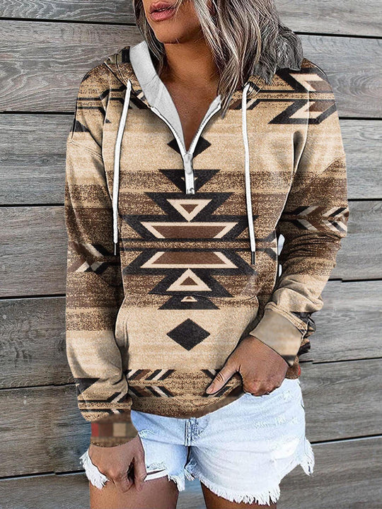 Heidi-Mode | Frauen Sweatshirts Vintage Druck Reißverschluss Tasche Bequemer Hoodie