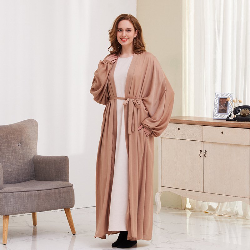 Heidi-Mode | 8 Farboptionen Satin Laternenärmel Offene Abaya Kleid Muslimische Dubai Frauen