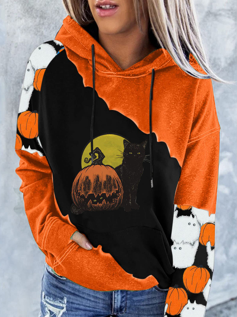 Heidi-Mode | Damen Hoodies Kürbis Katze Druck Tasche Langarm Kapuzenpullover
