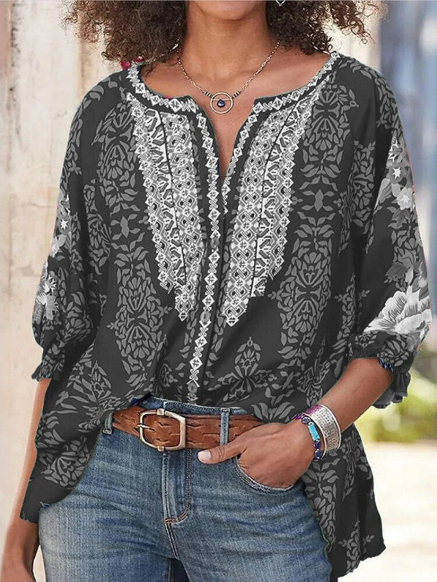 Heidi-Mode | Damen Blusen Lange Ärmel Locker Vintage Print Blusen