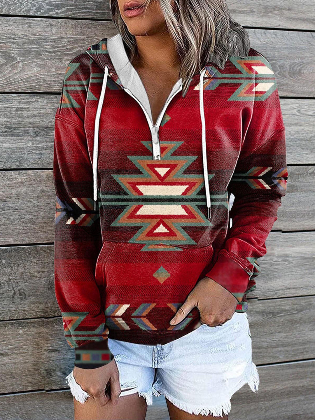 Heidi-Mode | Frauen Sweatshirts Vintage Druck Reißverschluss Tasche Bequemer Hoodie