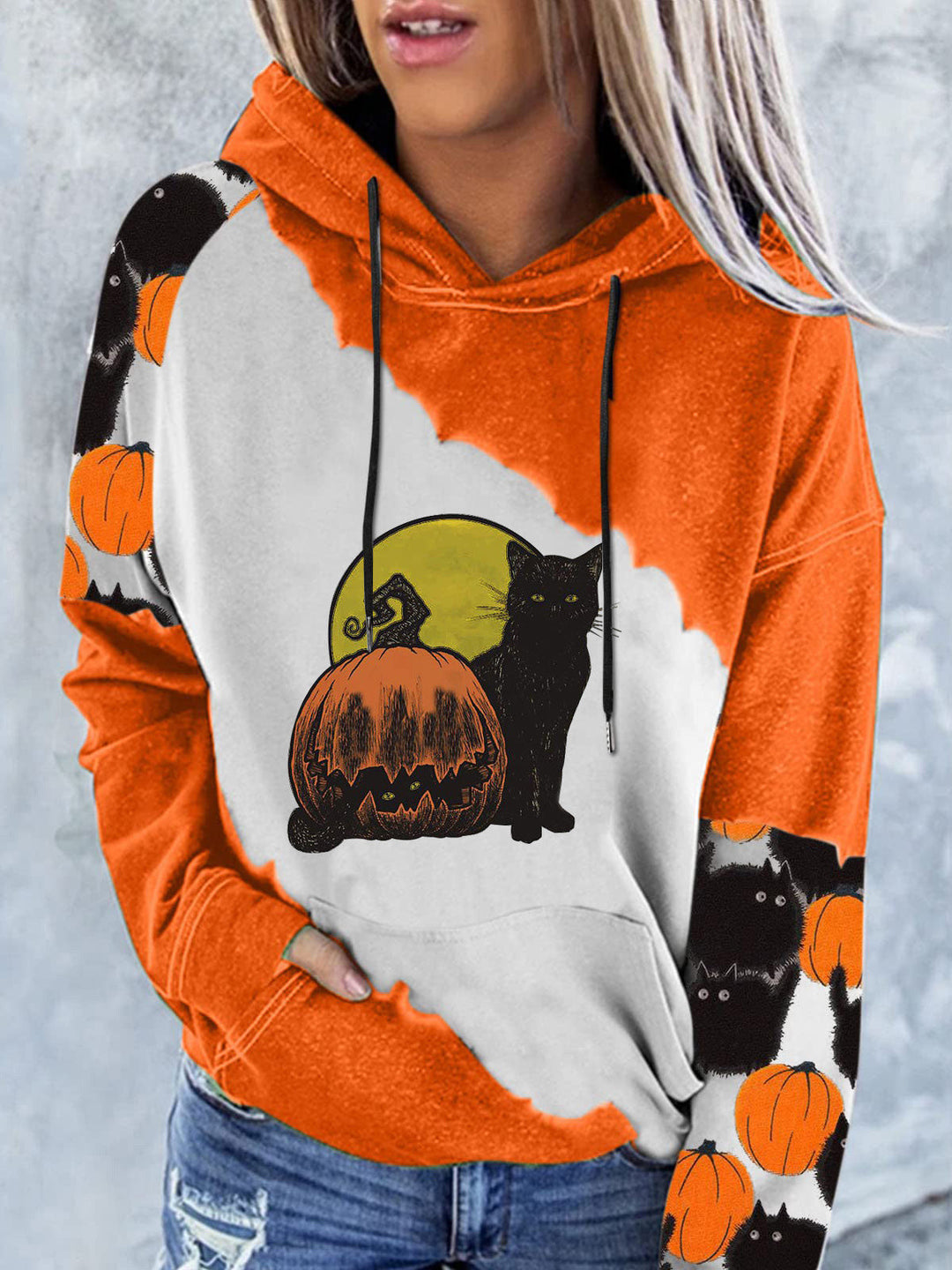 Heidi-Mode | Damen Hoodies Kürbis Katze Druck Tasche Langarm Kapuzenpullover