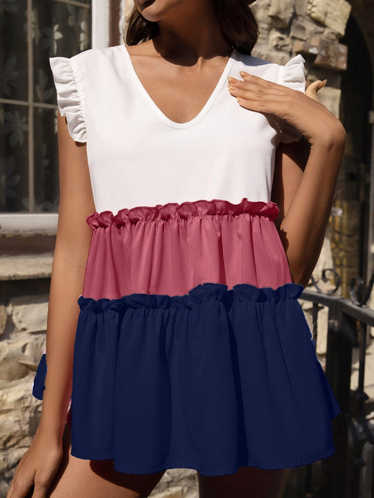 Heidi-Mode | Damen Tank Tops V-Ausschnitt Kontrast Volant Ohne Ärmel Lässige Tank Tops