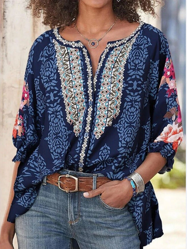 Heidi-Mode | Damen Blusen Lange Ärmel Locker Vintage Print Blusen