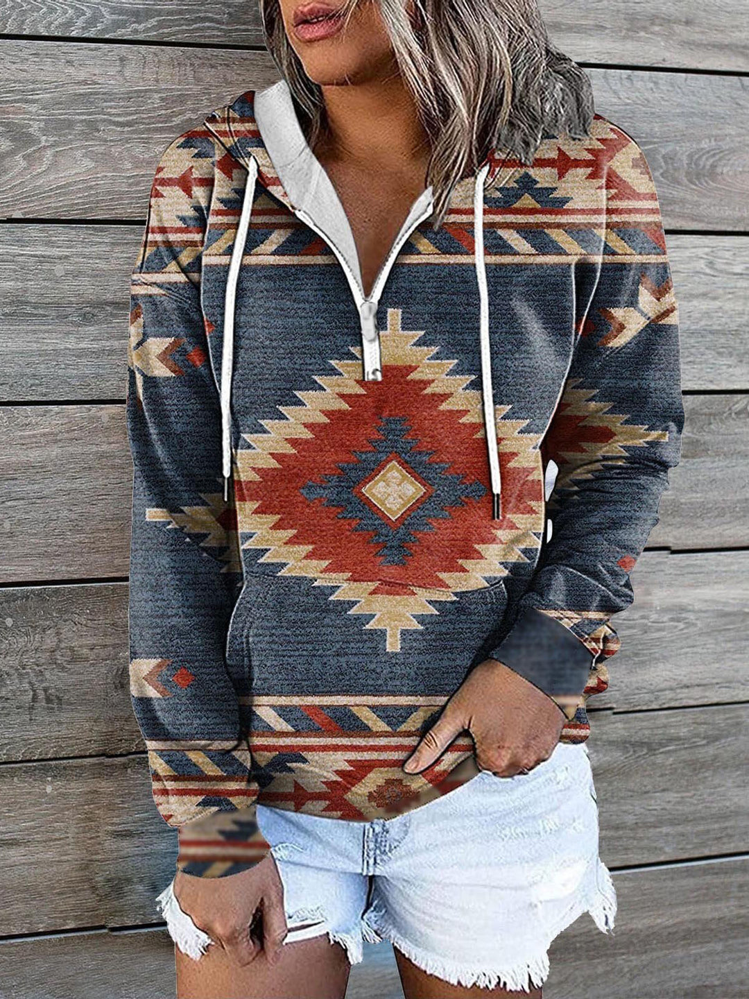 Heidi-Mode | Frauen Sweatshirts Vintage Druck Reißverschluss Tasche Bequemer Hoodie