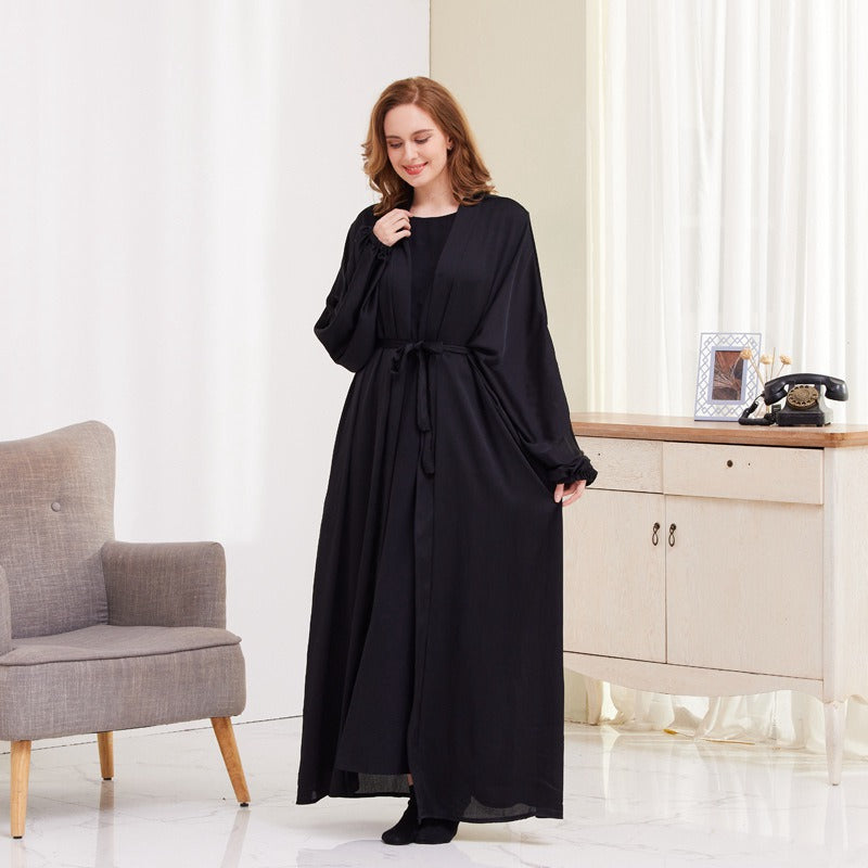 Heidi-Mode | 8 Farboptionen Satin Laternenärmel Offene Abaya Kleid Muslimische Dubai Frauen