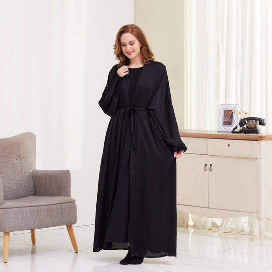 Heidi-Mode | 8 Farboptionen Satin Laternenärmel Offene Abaya Kleid Muslimische Dubai Frauen
