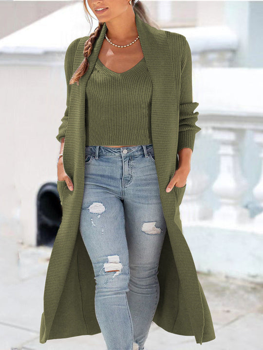 Heidi-Mode | Damen Strickpullover Lockere Einfarbige Weste Tasche Zwei Teile Strickpullover