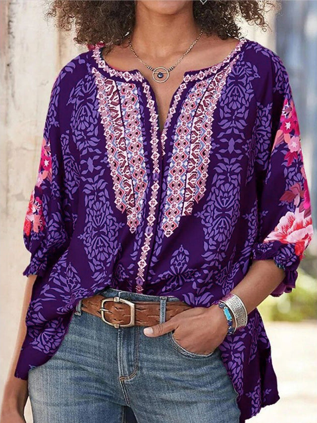 Heidi-Mode | Damen Blusen Lange Ärmel Locker Vintage Print Blusen