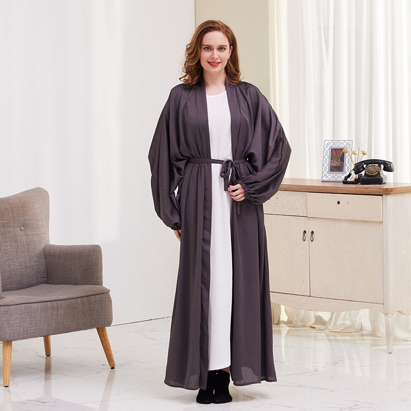 Heidi-Mode | 8 Farboptionen Satin Laternenärmel Offene Abaya Kleid Muslimische Dubai Frauen
