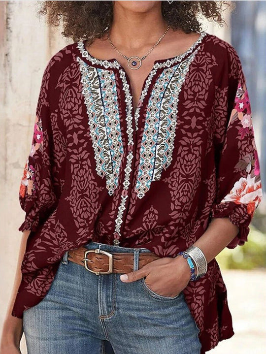 Heidi-Mode | Damen Blusen Lange Ärmel Locker Vintage Print Blusen