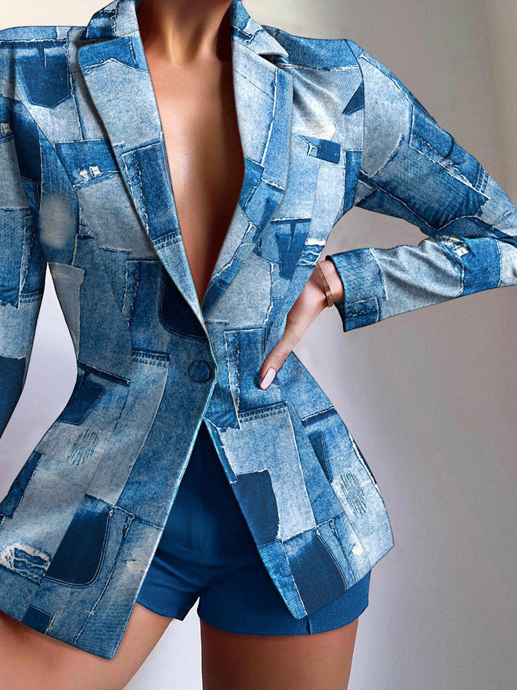 Heidi-Mode | Damen Set Gedruckte Revers Blazer & Shorts Zu Teilen Set