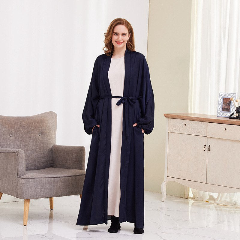 Heidi-Mode | 8 Farboptionen Satin Laternenärmel Offene Abaya Kleid Muslimische Dubai Frauen