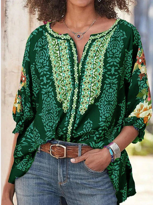 Heidi-Mode | Damen Blusen Lange Ärmel Locker Vintage Print Blusen