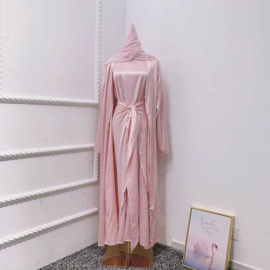 Heidi-Mode | Muslimische Frauen 4 Teile Set Abaya Kleid mit Innenkleid, Außen Abaya, Mid Wrap und Schal