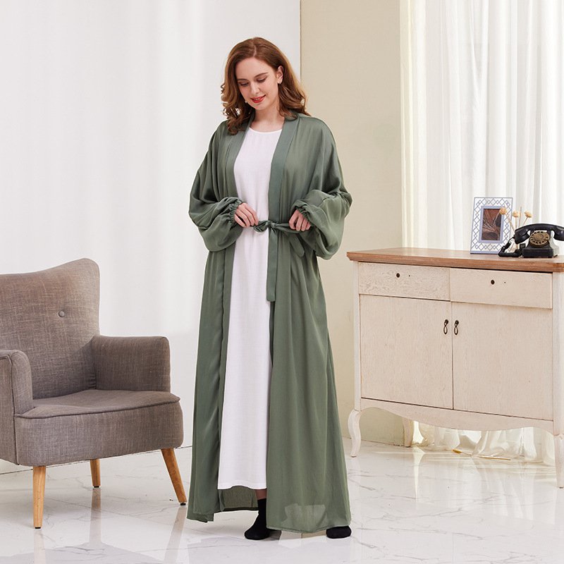 Heidi-Mode | 8 Farboptionen Satin Laternenärmel Offene Abaya Kleid Muslimische Dubai Frauen