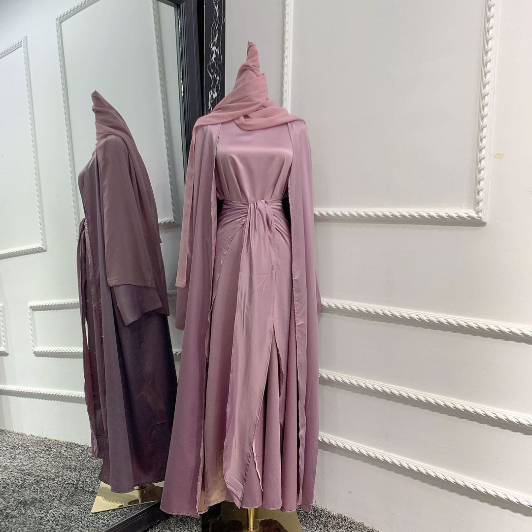 Heidi-Mode | Muslimische Frauen 4 Teile Set Abaya Kleid mit Innenkleid, Außen Abaya, Mid Wrap und Schal