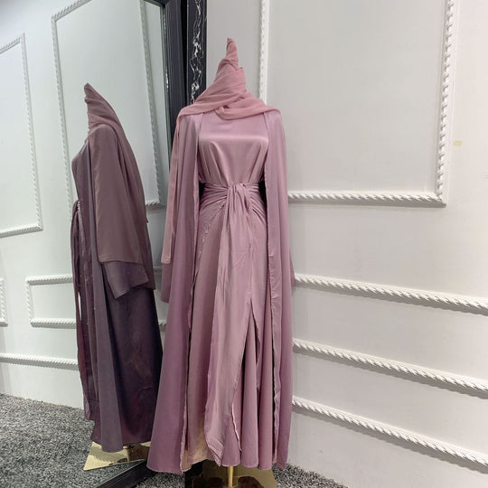 Heidi-Mode | Muslimische Frauen 4 Teile Set Abaya Kleid mit Innenkleid, Außen Abaya, Mid Wrap und Schal