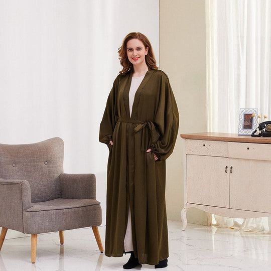 Heidi-Mode | 8 Farboptionen Satin Laternenärmel Offene Abaya Kleid Muslimische Dubai Frauen