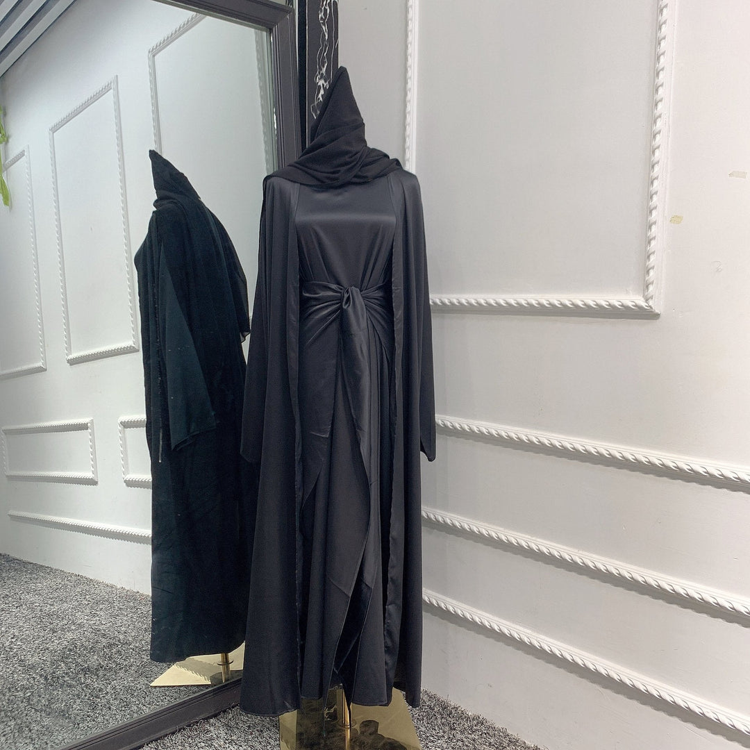 Heidi-Mode | Muslimische Frauen 4 Teile Set Abaya Kleid mit Innenkleid, Außen Abaya, Mid Wrap und Schal