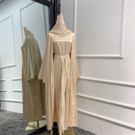 Heidi-Mode | Muslimische Frauen 4 Teile Set Abaya Kleid mit Innenkleid, Außen Abaya, Mid Wrap und Schal
