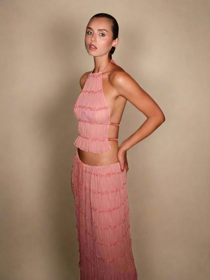 Heidi-Mode | Damen Rückenausschnitt Oberteil und langer Rock Set Stylisch
