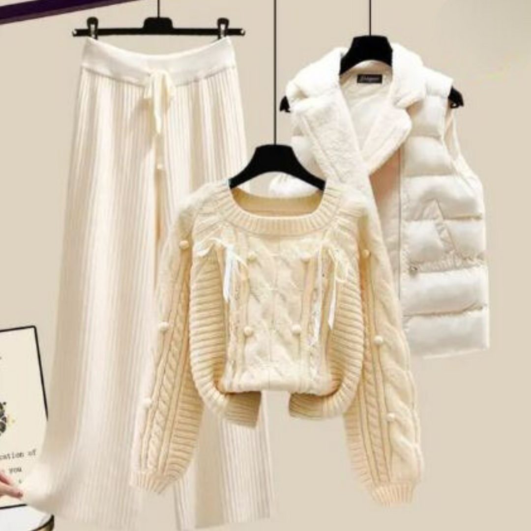 Heidi-Mode | Dreiteiliges Damen Strickjacken Jackett, Locker Sitzender Pullover und Weite Hosenbeine