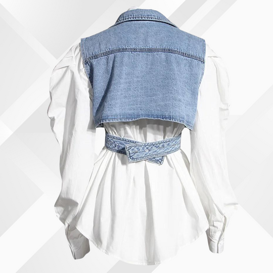 Denim-Weste und Bluse mit Puffärmel