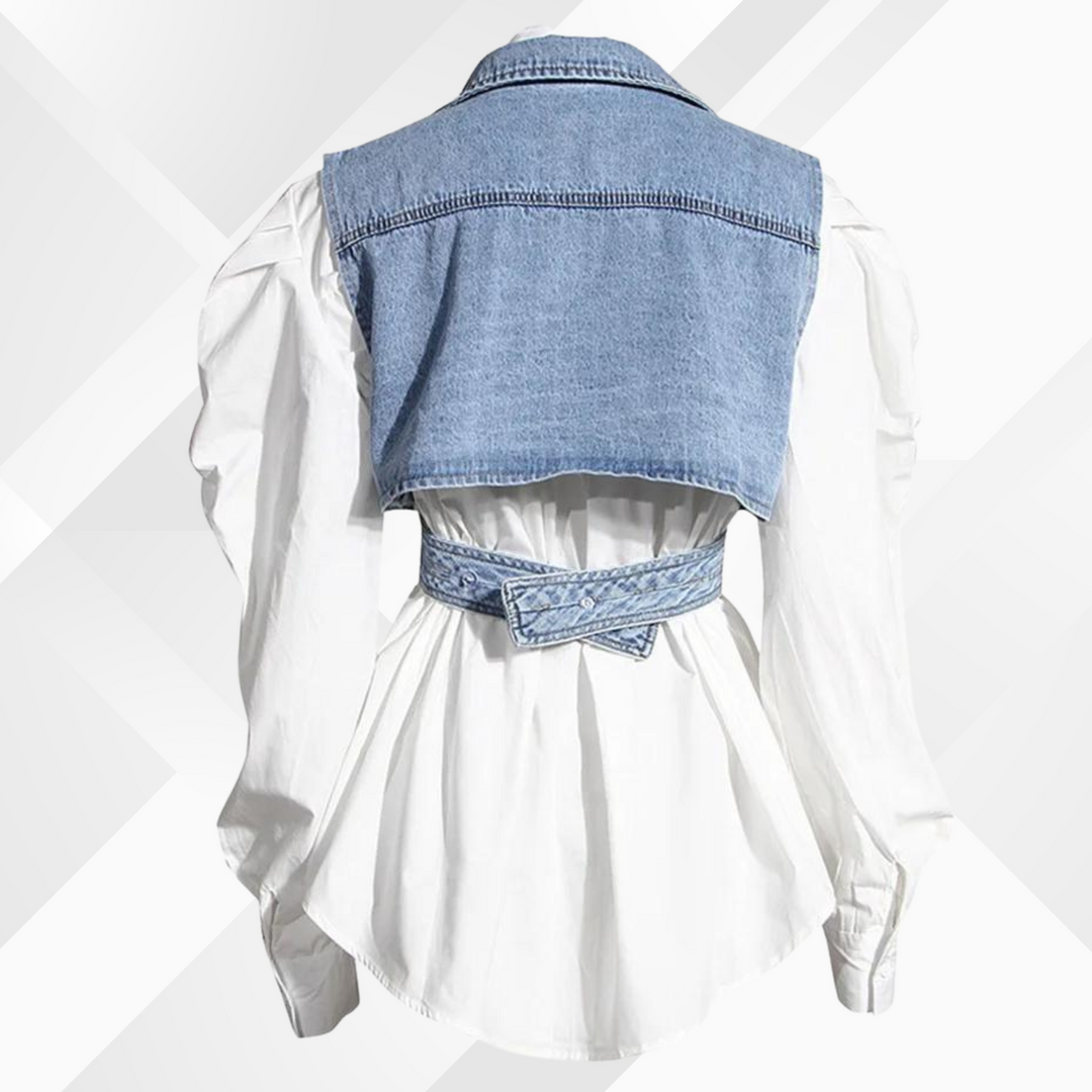 Denim-Weste und Bluse mit Puffärmeln