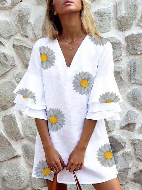 Heidi-Mode | Daisy Print V-Ausschnitt Ausgestellte Ärmeln Babydoll Kleid