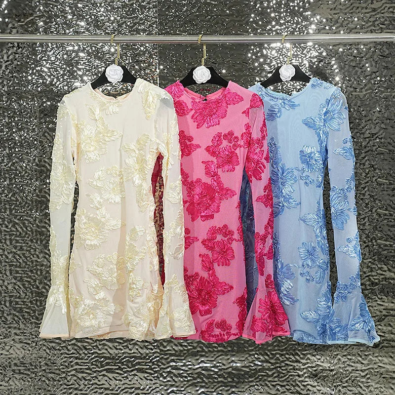 Heidi-Mode | Herbstmode Trendy Frauen'S Stickerei Blume Rücken Hollow Out Kleid O-Ausschnitt Flare Ärmel Kleider Female