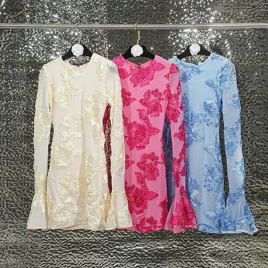 Heidi-Mode | Herbstmode Trendy Frauen'S Stickerei Blume Rücken Hollow Out Kleid O-Ausschnitt Flare Ärmel Kleider Female