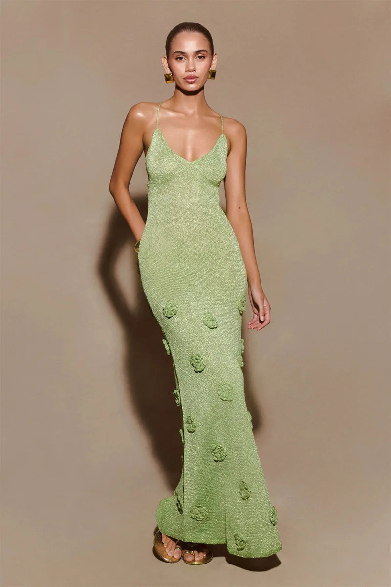 Heidi-Mode | 3D Blumen Rückenfrei Lang Kleid