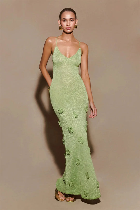 Heidi-Mode | 3D Blumen Rückenfrei Lang Kleid