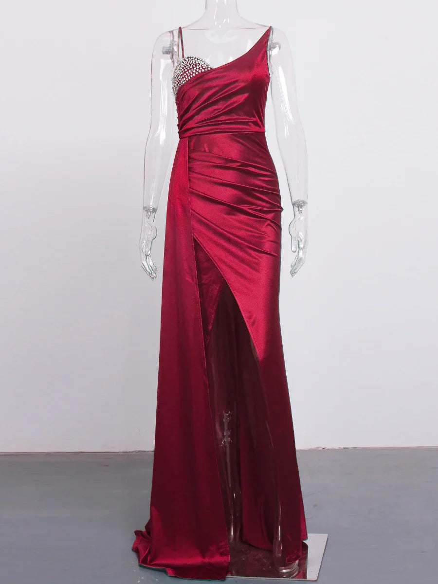 Heidi-Mode | Satin Strass Büste Seiten Schleppe Split Kleider