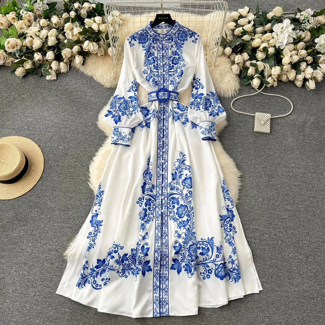 Heidi-Mode | Neue Mode Catwalk Rot und Weiß Porzellan Kleid Frauen Stehen Lange Laterne Ärmel Blau Blumenmuster Hemd Robe Vestidos