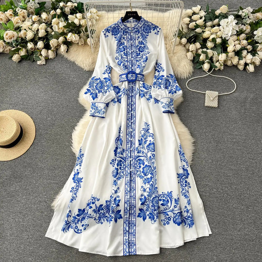 Heidi-Mode | Neue Mode Catwalk Rot und Weiß Porzellan Kleid Frauen Stehen Lange Laterne Ärmel Blau Blumenmuster Hemd Robe Vestidos