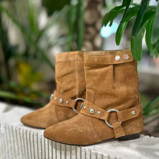 Heidi-Mode | Cowboy-Stiefeletten für Damen mit niedrigem Absatz und rutschfester PU-Sohle