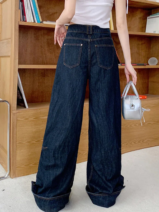 Heidi-Mode | Trashy Y2K Mode Knopfmanschetten Dunkelblaue Baggy Jeans Hosen für Damen Kleidung Schlichte Elegante Hosen Damen Pantalon Femme