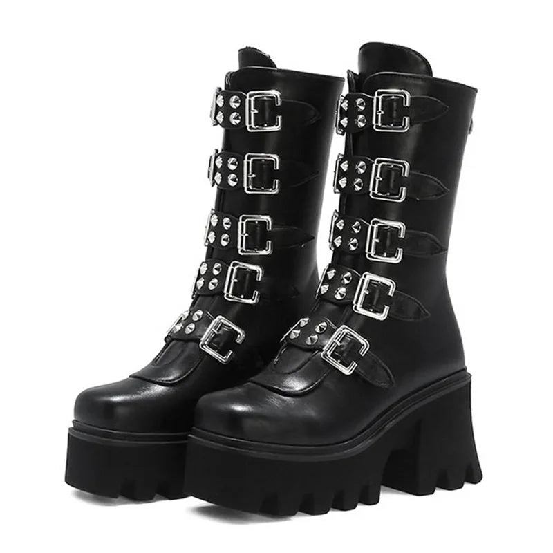 Heidi-Mode | Gothic Schuhe Frauen Schwarz Hochstiefel Weiblich Hohe Absatz Frauen Combat Punk Chunky Dame