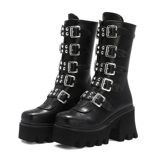 Heidi-Mode | Gothic Schuhe Frauen Schwarz Hochstiefel Weiblich Hohe Absatz Frauen Combat Punk Chunky Dame