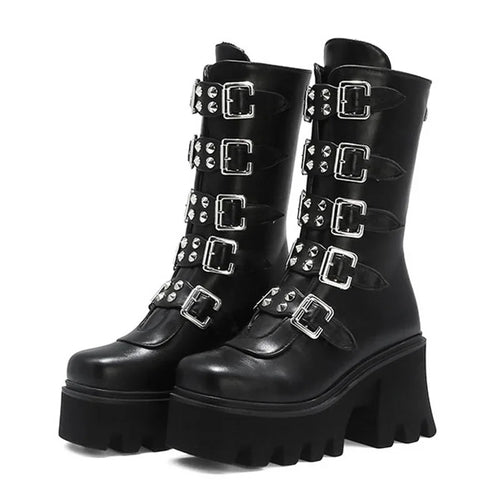 Heidi-Mode | Gothic Schuhe Frauen Schwarz Hochstiefel Weiblich Hohe Absatz Frauen Combat Punk Chunky Dame