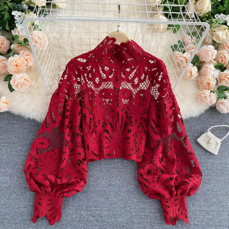 Heidi-Mode | Sexy Spitzen Hohle Ohne Kurze Bluse Lässig Laterne Langärmlige Standkragen Hemden Frauen Elegant Rot/ Rosa/ Weiß Lose Tops